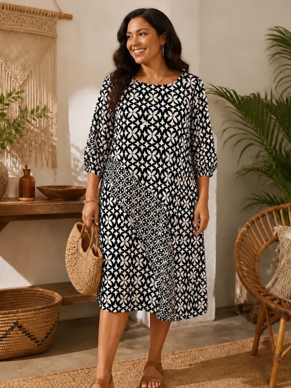 Chico’s Women’s 3.5 (XXL) Black White Geometric Print Swing Dress 6% Silk
